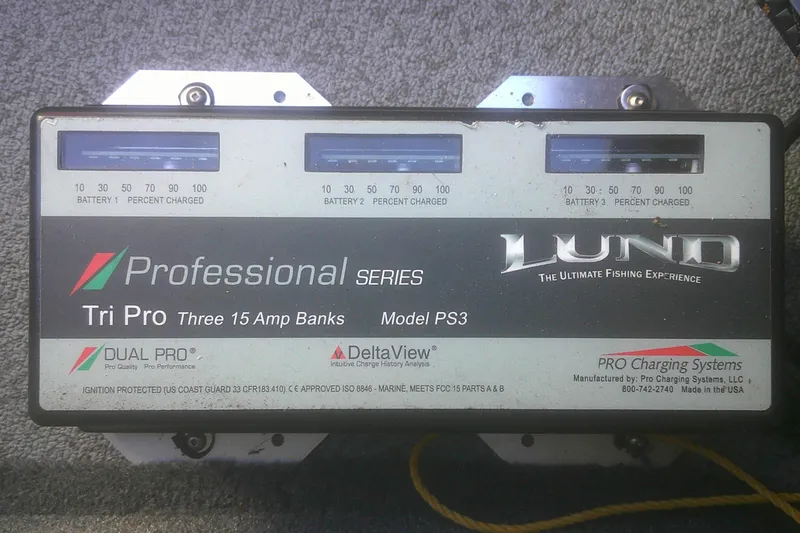 Slide: The Image of Battery charger for Lund 1875 Crossover XS, 2017 model, Tri Pro PS3, three 15 Amp banks. - 12
