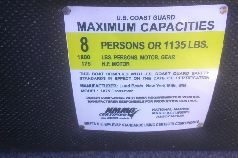 Slide: The Image of 2017 Lund 1875 Crossover XS capacity label, 8 persons or 1135 lbs, U.S. Coast Guard certified. - 17