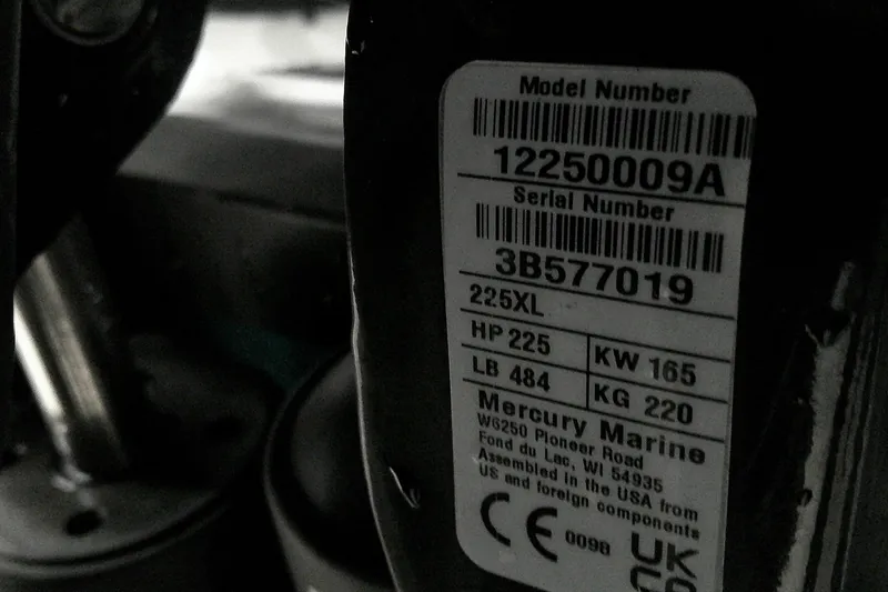 Slide: The Image of Label on Mercury Marine engine, model 225XL, with specifications and serial number. - 18