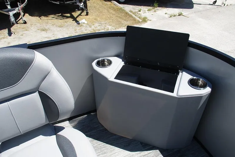 Slide: The Image of 2026 Bentley Pontoons Fish 243 4-Point interior with seating and cup holders. - 13