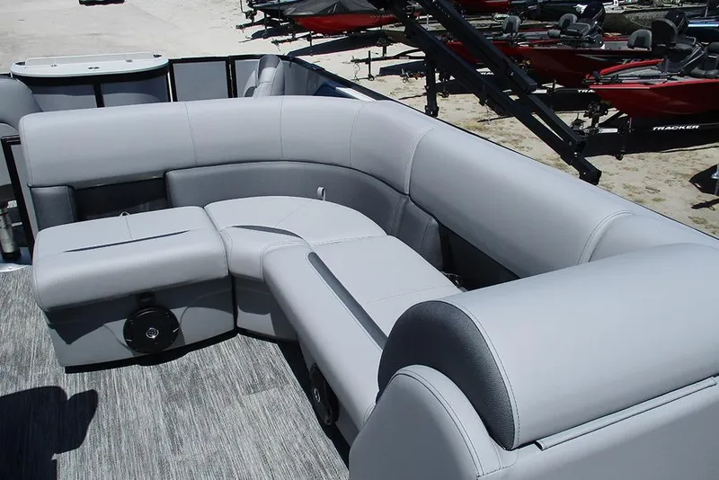 Slide: The Image of 2026 Bentley Pontoons Fish 243 4-Point with luxurious gray seating and modern design. - 15