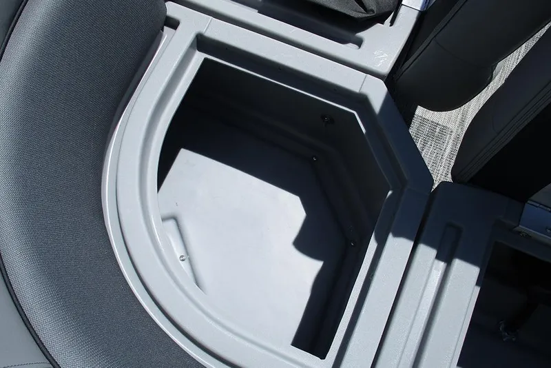 Slide: The Image of 2026 Bentley Pontoons Fish 243 4-Point storage compartment, gray interior detail. - 18