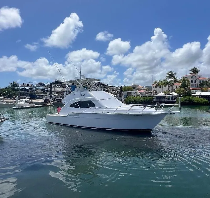 Slide: The Image of 2009 Bertram Convertible yacht on calm water under a clear blue sky. - 2