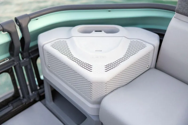 Slide: The Image of Interior seating of 2026 Sea-Doo Switch Cruise Limited 18 with integrated speaker system. - 10