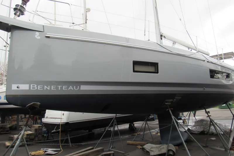 Slide: The Image of 2020 Beneteau Oceanis 46.1 sailboat on stands, showcasing sleek design and modern features. - 9