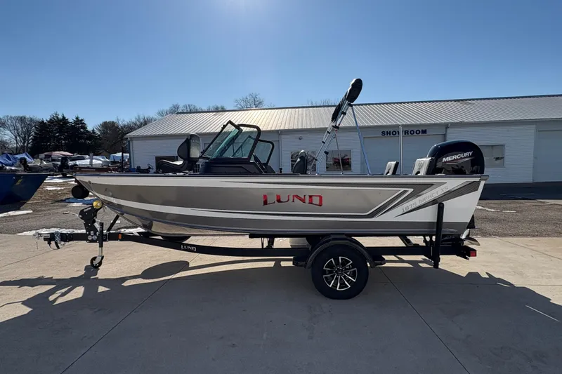Slide: The Image of 2026 Lund 1875 Impact XS Sport boat on trailer, parked outside showroom under clear sky. - 5