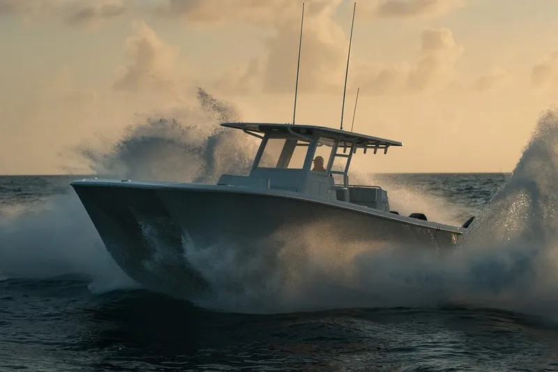 Slide: The Image of Manufacturer Provided Image: 2021 Invincible 35 Catamaran slicing through waves at sunset. - 3