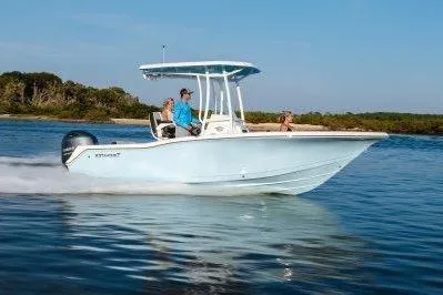 The Image of 2026 Tidewater 210CC boat cruising on calm water with passengers onboard. - 0