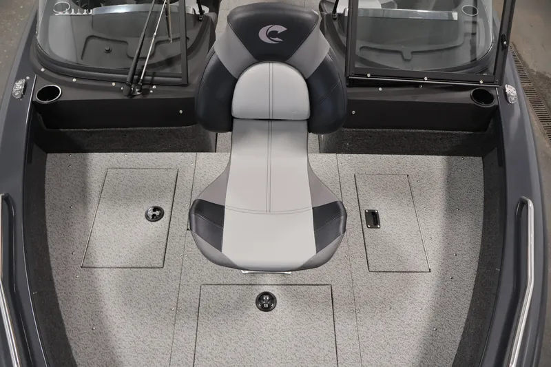 Slide: The Image of 2026 Crestliner 2050 Authority boat interior with gray seating and storage compartments. - 24