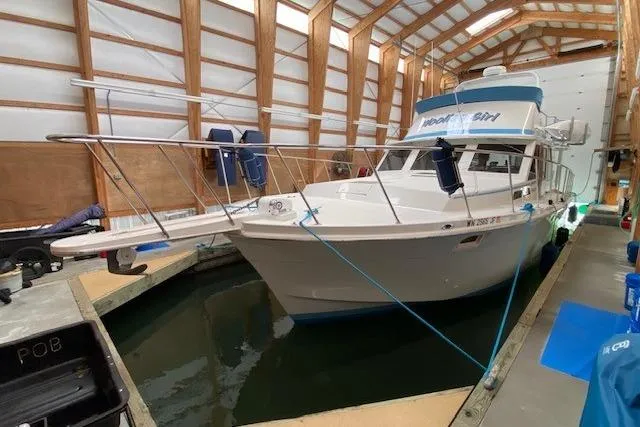 Slide: The Image of 1977 Uniflite 42 Convertible boat docked in a covered marina. - 20