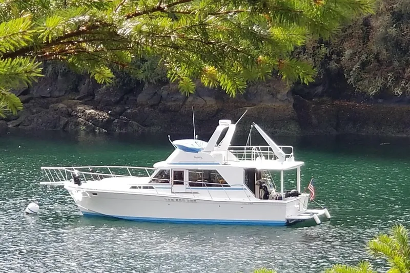 Slide: The Image of 1977 Uniflite 42 Convertible yacht anchored in scenic, lush green waters. - 22