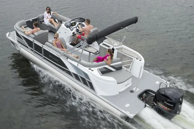 Slide: The Image of Manufacturer Provided Image: 2020 Sylvan S3 CRS pontoon boat cruising with passengers on a lake. - 18