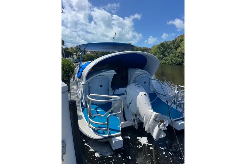Slide: The Image of 2020 Paritetboat Looker with blue canopy docked on a sunny day. - 4