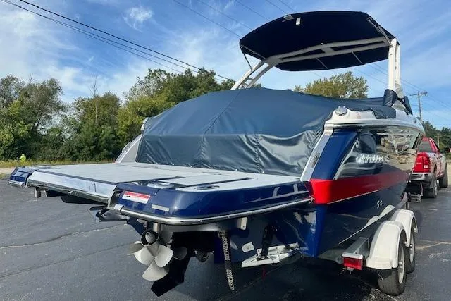 Slide: The Image of 2026 Chaparral 6 SSX boat on trailer, rear view, blue and red design. - 8