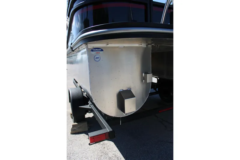 Slide: The Image of 2025 SunCatcher Select 20RC pontoon boat on trailer, rear view showing aluminum hull. - 17