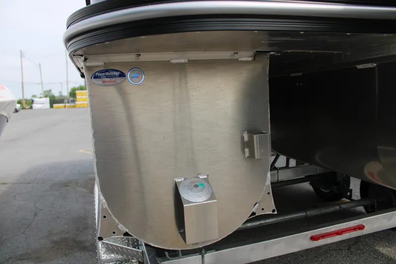 Slide: The Image of Rear view of 2025 SunCatcher Select 320RCX pontoon boat on trailer. - 12