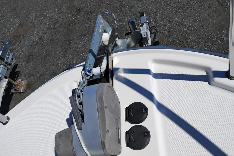 Slide: The Image of Bow of 2023 Ranger Tugs R-25 with anchor and chain detail. - 18