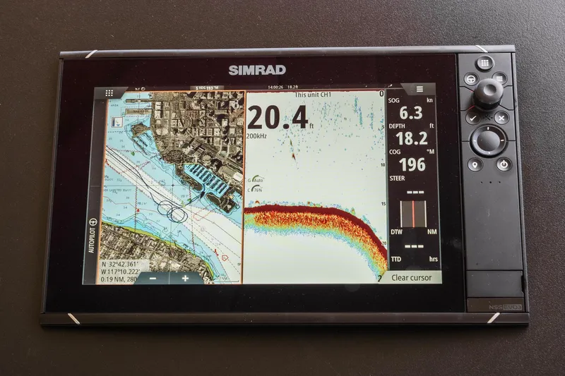 Slide: The Image of Simrad navigation display on 2004 Azimut 46 yacht, showing map and sonar data. - 49