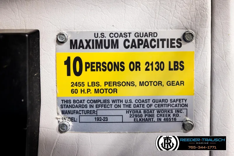 Slide: The Image of Boat capacity label for Hydra 192-23, 1994, showing U.S. Coast Guard compliance. - 51