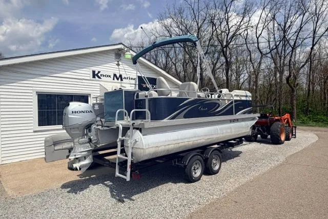 Slide: The Image of 2019 Quest Adventure 818 pontoon boat on trailer at Knox Marine dealership. - 7