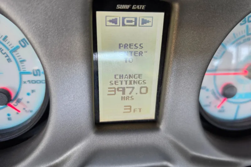 Slide: The Image of Dashboard of 2017 Axis T23 boat showing 397 hours and settings display. - 26