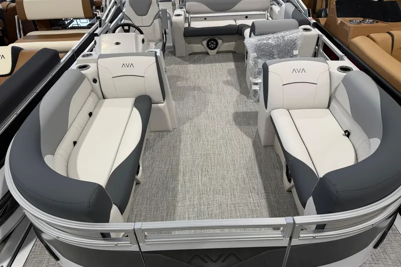 Slide: The Image of 2026 Avalon 2185 VENTURE 85 VRB pontoon boat interior with gray and white seating. - 10