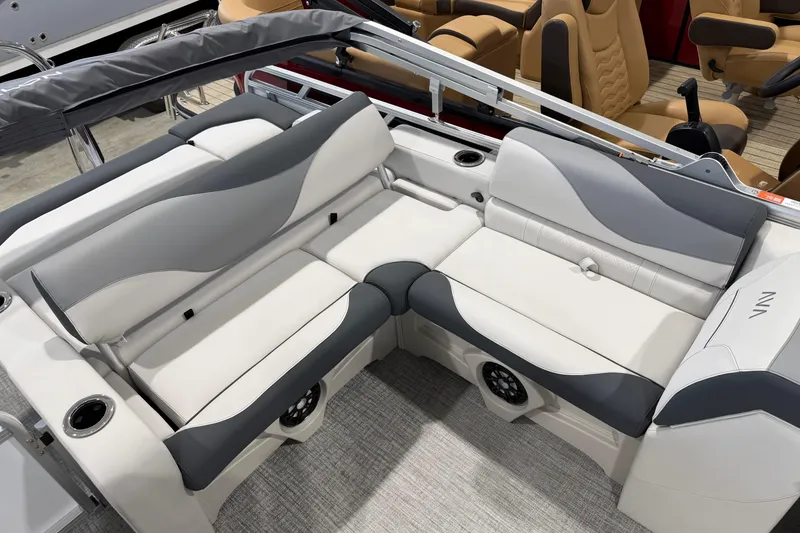Slide: The Image of Luxurious seating on the 2026 Avalon 2185 VENTURE 85 VRB boat, featuring sleek gray and white upholstery. - 14