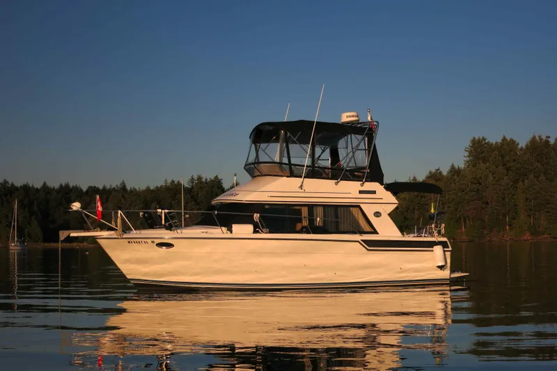 The Image of 1991 Carver 28 Command Bridge yacht on calm water at sunset, surrounded by trees. - 0