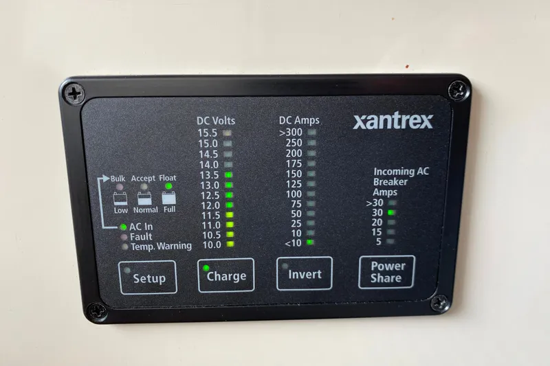 Slide: The Image of Xantrex power panel on a 1991 Carver 28 Command Bridge, displaying DC volts and amps. - 32