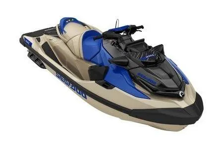 The Image of 2026 Sea-Doo Wake Pro 230 jet ski in blue and beige, side view. - 2