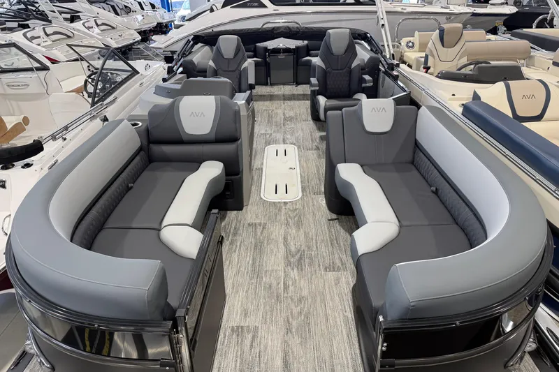 Slide: The Image of Luxurious 2026 Avalon 2585 25 Catalina QL pontoon boat interior with plush seating. - 3