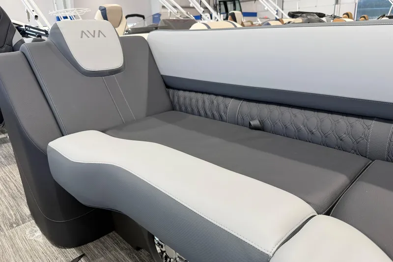 Slide: The Image of 2026 Avalon 2585 25 Catalina QL boat interior seating, featuring elegant gray upholstery. - 4
