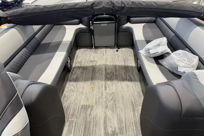 Slide: The Image of 2026 Avalon 2585 25 Catalina QL boat interior with gray seating and modern design. - 8