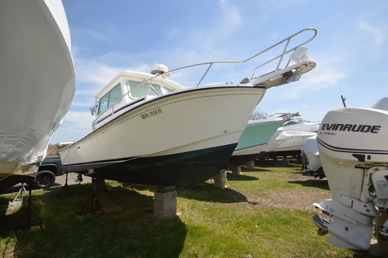 The Image of 2009 Steiger Craft 26 Miami boat on land with Evinrude engine, sunny day. - 1