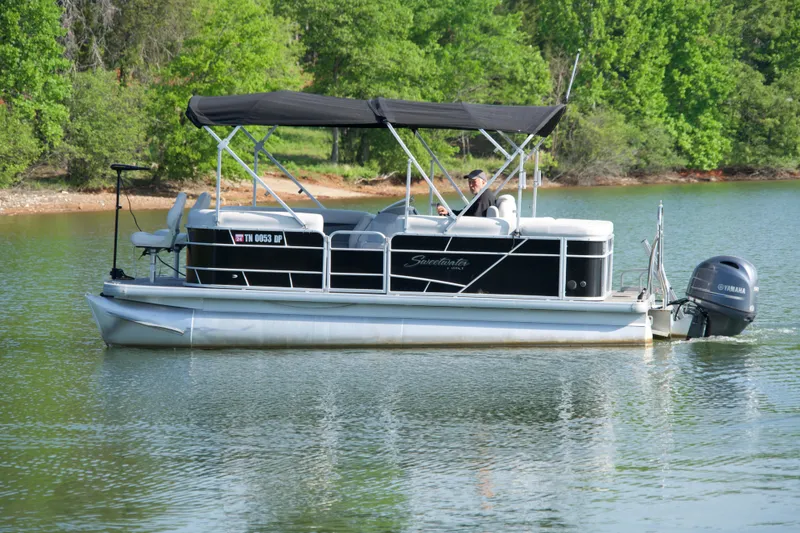 The Image of 2018 Godfrey Sweetwater20 pontoon boat on a serene lake with lush green surroundings. - 0