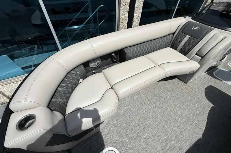 Slide: The Image of Luxurious seating on 2026 Barletta LUSSO 25UCAT boat, featuring elegant upholstery and modern design. - 25