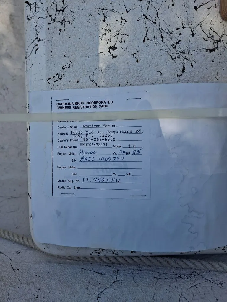 Slide: The Image of 1994 Carolina Skiff J model with Honda engine, registration document. - 14