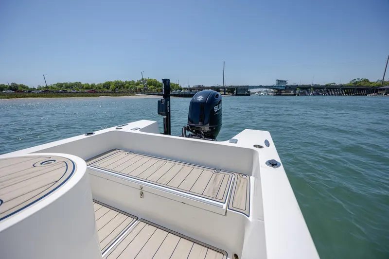 Slide: The Image of 2022 Banks Panga 26 boat on water, featuring sleek deck design and powerful outboard motor. - 11