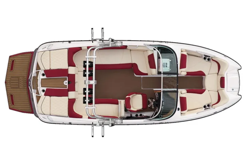 Slide: The Image of Manufacturer Provided Image: 2014 MasterCraft X-25 boat interior layout with red and beige seating. - 11