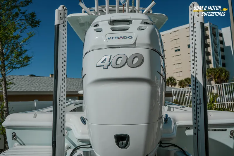 Slide: The Image of 2018 Barker Boatworks 26 Open with powerful Verado 400 engine, showcased at Boat & Motor Superstores. - 16