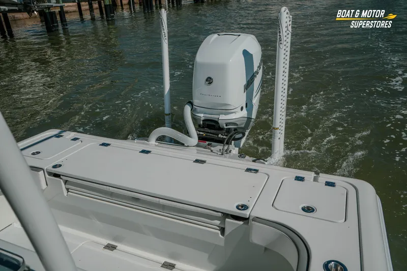 Slide: The Image of 2018 Barker Boatworks 26 Open with Mercury outboard engine on water. - 37