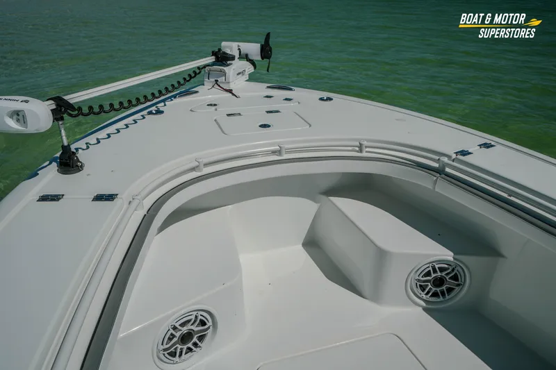 Slide: The Image of 2018 Barker Boatworks 26 Open on water, featuring spacious deck and advanced trolling motor. - 65