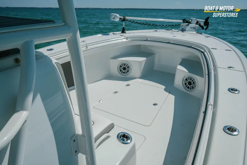 Slide: The Image of 2018 Barker Boatworks 26 Open, spacious deck view on calm water. - 76