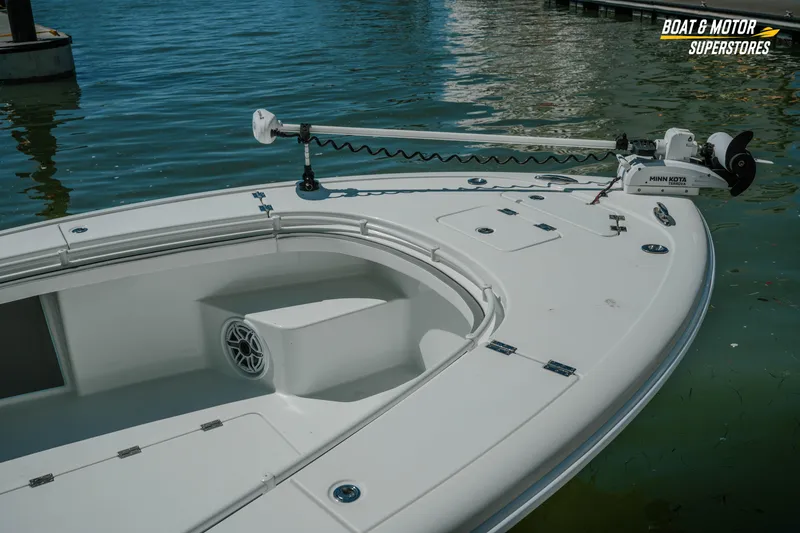 Slide: The Image of 2018 Barker Boatworks 26 Open with Minn Kota trolling motor on calm water. - 79