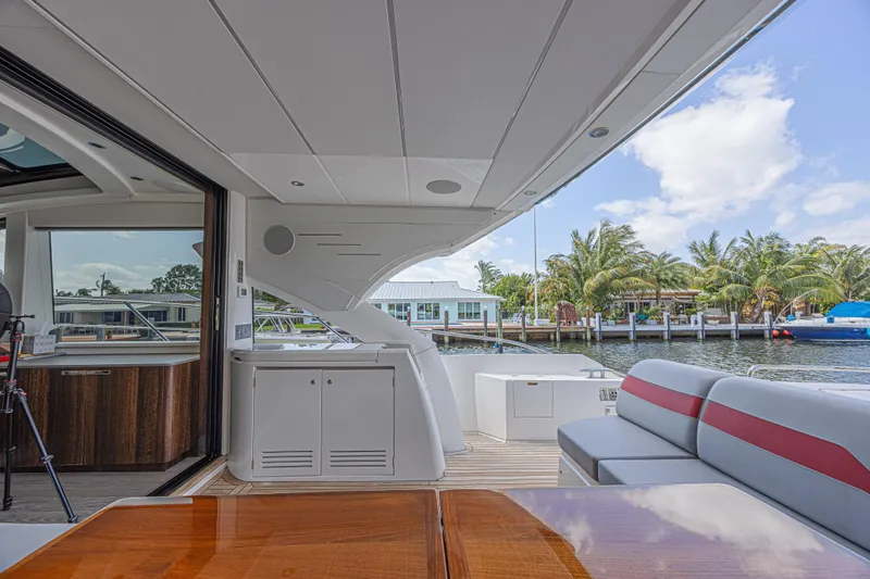 Slide: The Image of Luxurious Sunseeker Predator 60 EVO yacht interior with waterfront view, 2021 model. - 27