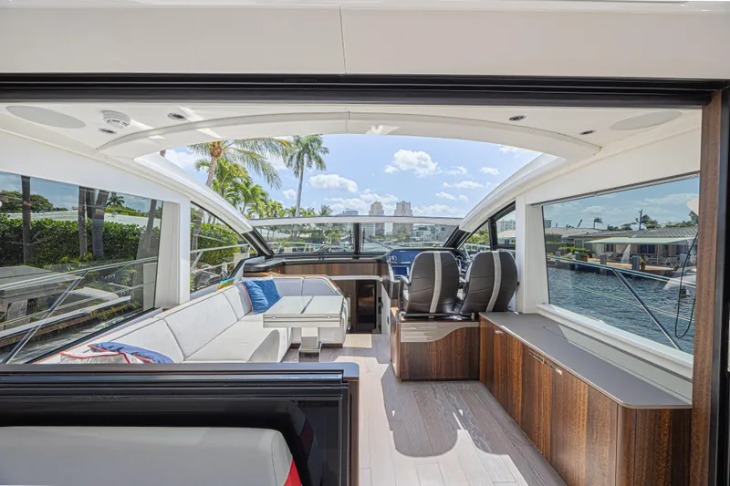 Slide: The Image of Luxurious interior of 2021 Sunseeker Predator 60 EVO yacht with spacious seating and scenic views. - 30