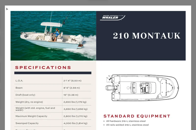 Slide: The Image of Boston Whaler 210 Montauk 2022 boat specifications and standard equipment. - 10