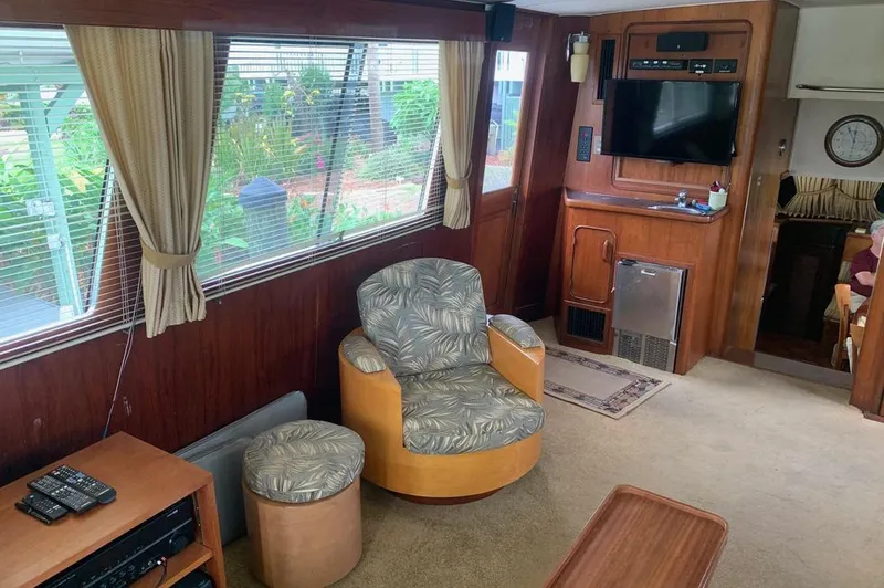 Slide: The Image of Interior of a 1985 Gulfstar MK2 yacht with cozy seating area. - 21