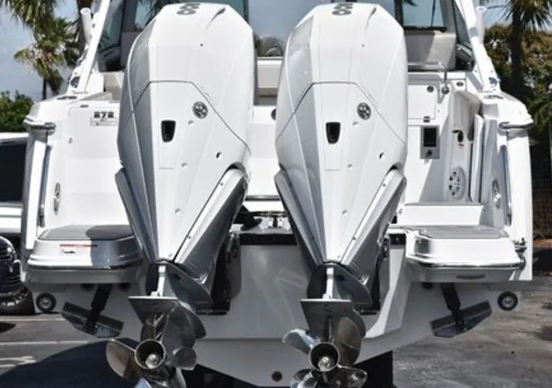 Slide: The Image of 2019 Blackfin 272 DC boat with dual engines, rear view. - 26