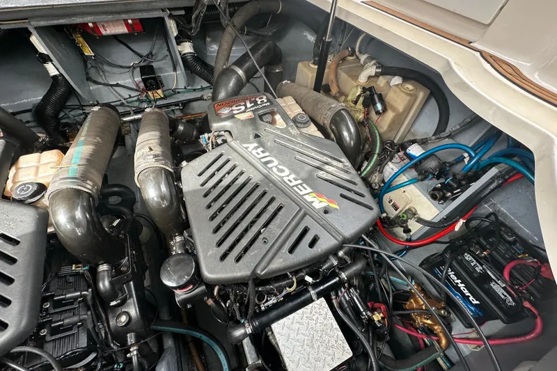 Slide: The Image of Engine compartment of a 2004 Sea Ray 340 Sundancer with MerCruiser 8.1S Horizon engine. - 56